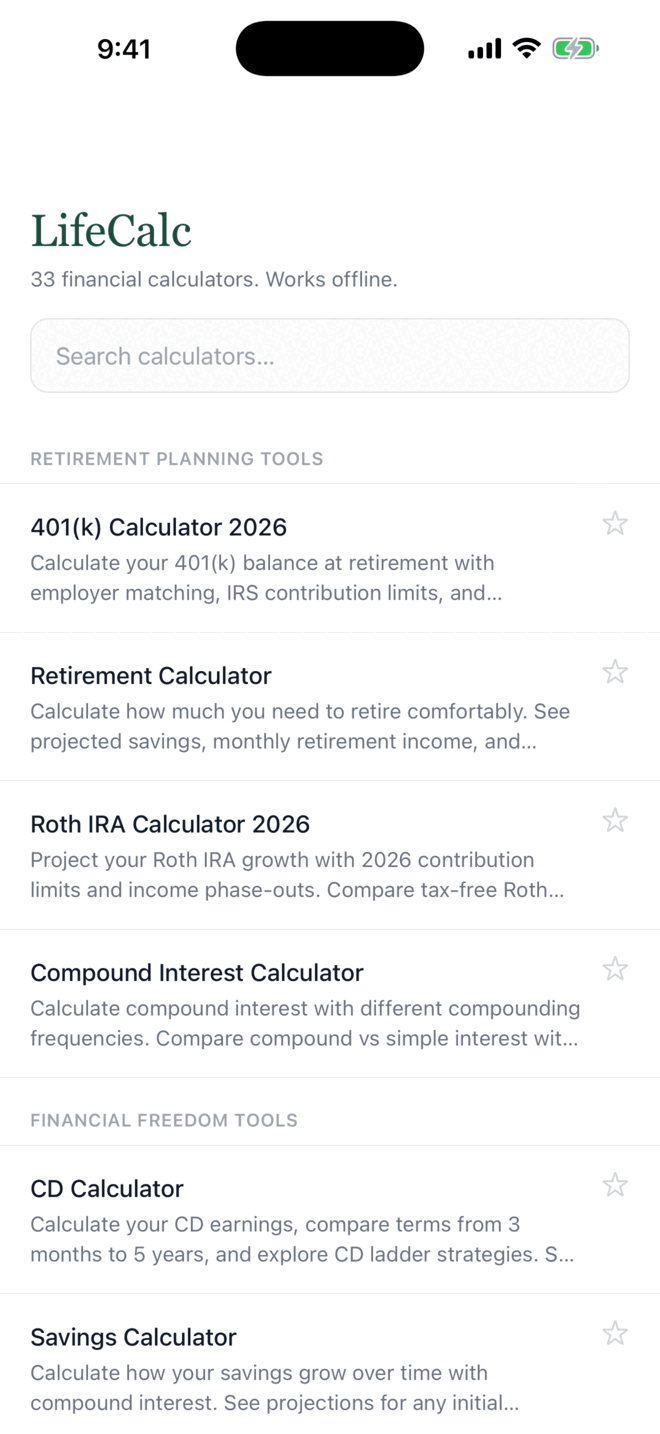 LifeCalc app home screen listing 33 financial calculators