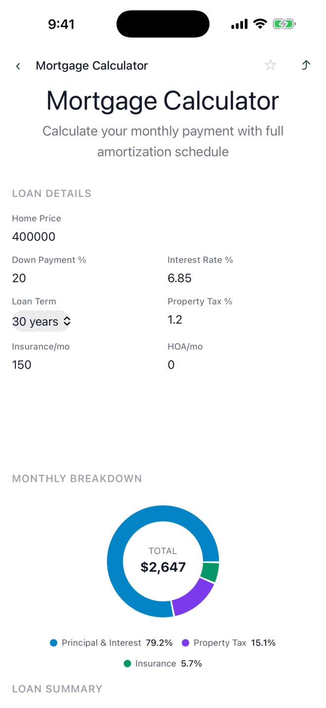 LifeCalc app mortgage calculator screen