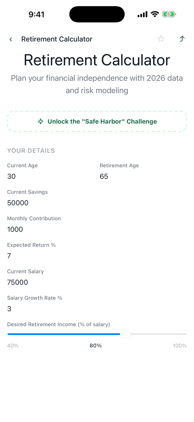 LifeCalc app retirement calculator screen