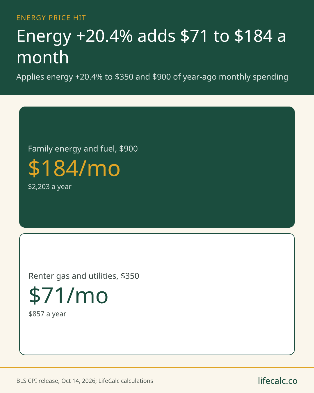 Energy +20.4% adds $71 to $184 a month. Family energy and fuel, $900: $184/mo; Renter gas and utilities, $350: $71/mo.